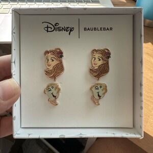 Disney Baublebar Belle Chip Beauty Beast Earrings Set Sparkle Glitter Gold Tone